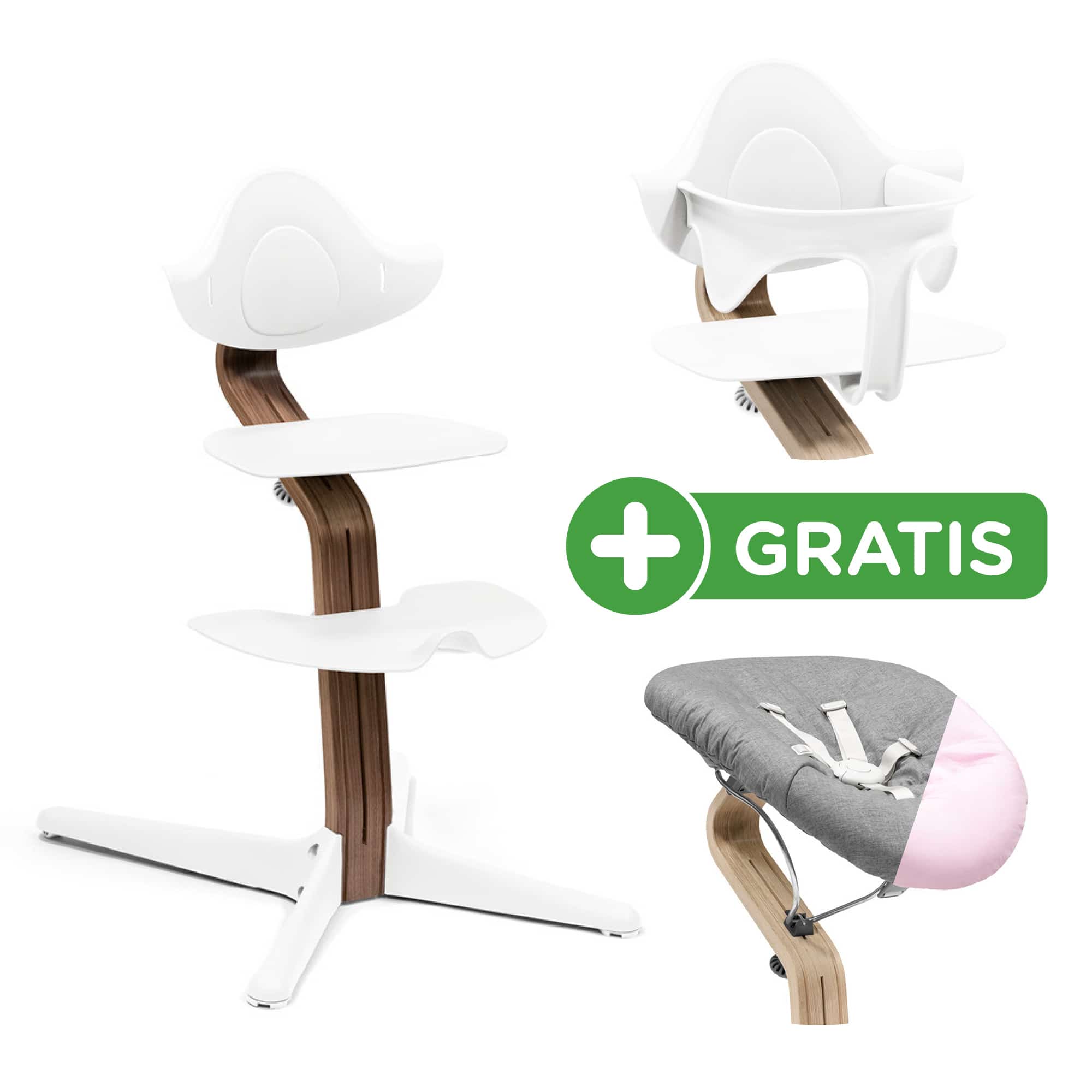 Set Nomi® Hochstuhl Walnut White mit Newborn Set White Grey/Pink STOKKE Pink 9000000000616 1